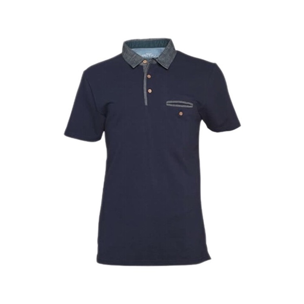 Firetrap Mens Boston Polo Indigo XL Navy Blue Chambray Cotton Sleeve Button Down